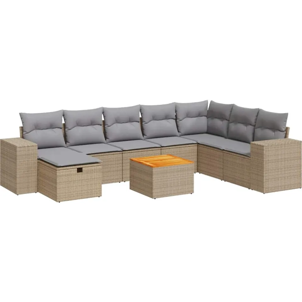 vidaXL 9-delige Loungeset met kussens poly rattan beige, foto 3