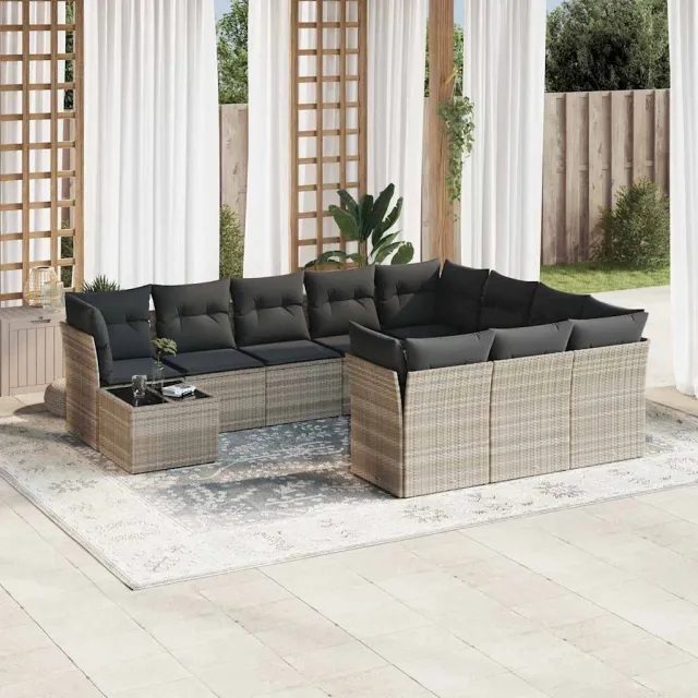 vidaXL 11-delige Loungeset met kussens poly rattan lichtgrijs grijs, foto 2