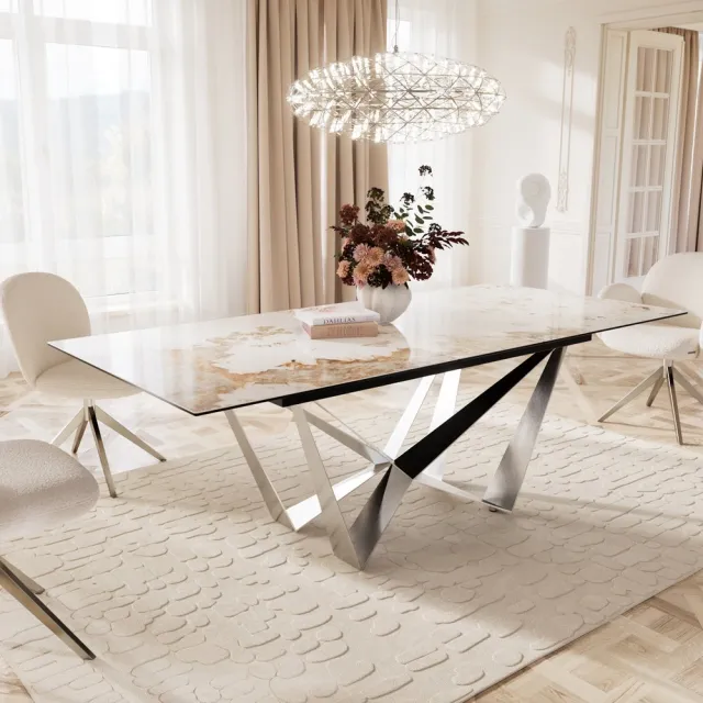 DELIFE Eetkamertafel Edge keramiek Minas Melange wit-beige 180-220x100 spider vlak staal RVS uitschuifbaar Weiß-Beige