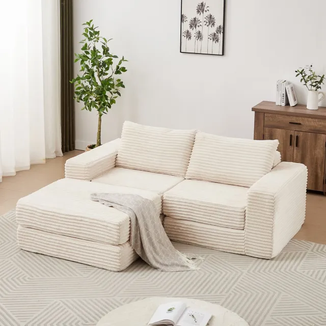 Wishdor Slaapbank - 2-In-1 Functie En Vrij Indeelbare Modules - Klassieke Vierkante Armleuningen - Voor Woonkamer - Ribstof - Beige