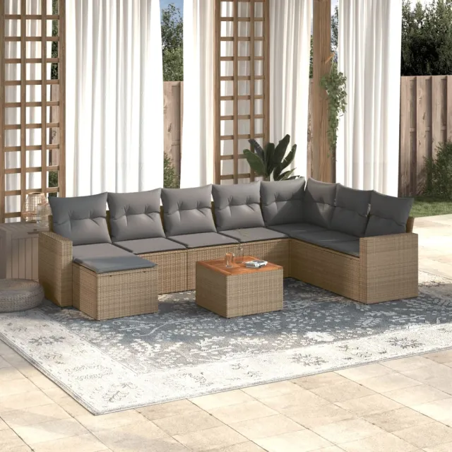 vidaXL 9-delige Loungeset met kussens poly rattan beige