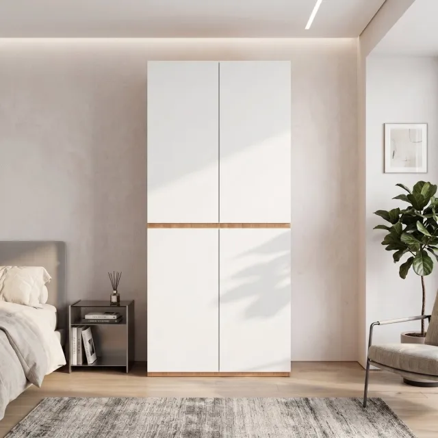 Zubaliya Kledingkast Garderobekast met Sieradenlade, 90 x 50 x 200 cm, met 4 Deuren, 1 Kledingroede en 2 Lades, moderne Hoge kast voor Slaapkamer, Hal, Kinderkamer of Kantoor, Eiken/Wit