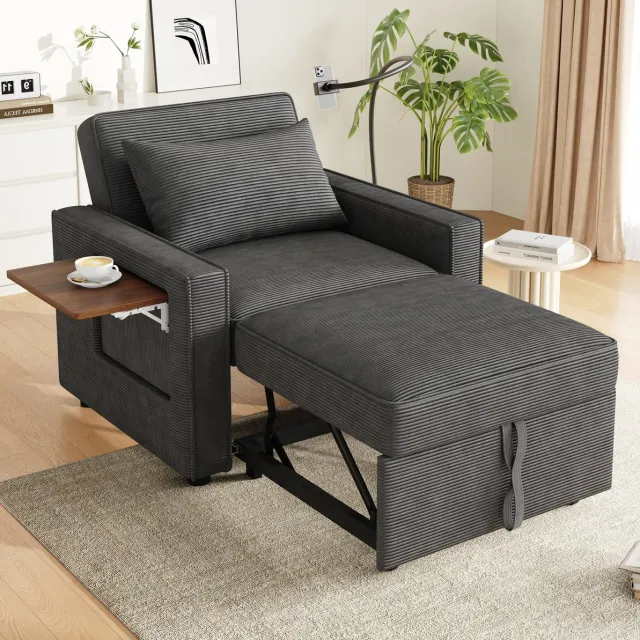 HAUSS SPOLE Fauteuil - 1-Zits Slaapfauteuil - Handmatig Verstelbaar Met USB, Telefoonhouder En Bijzettafel - Corduroy Grijs