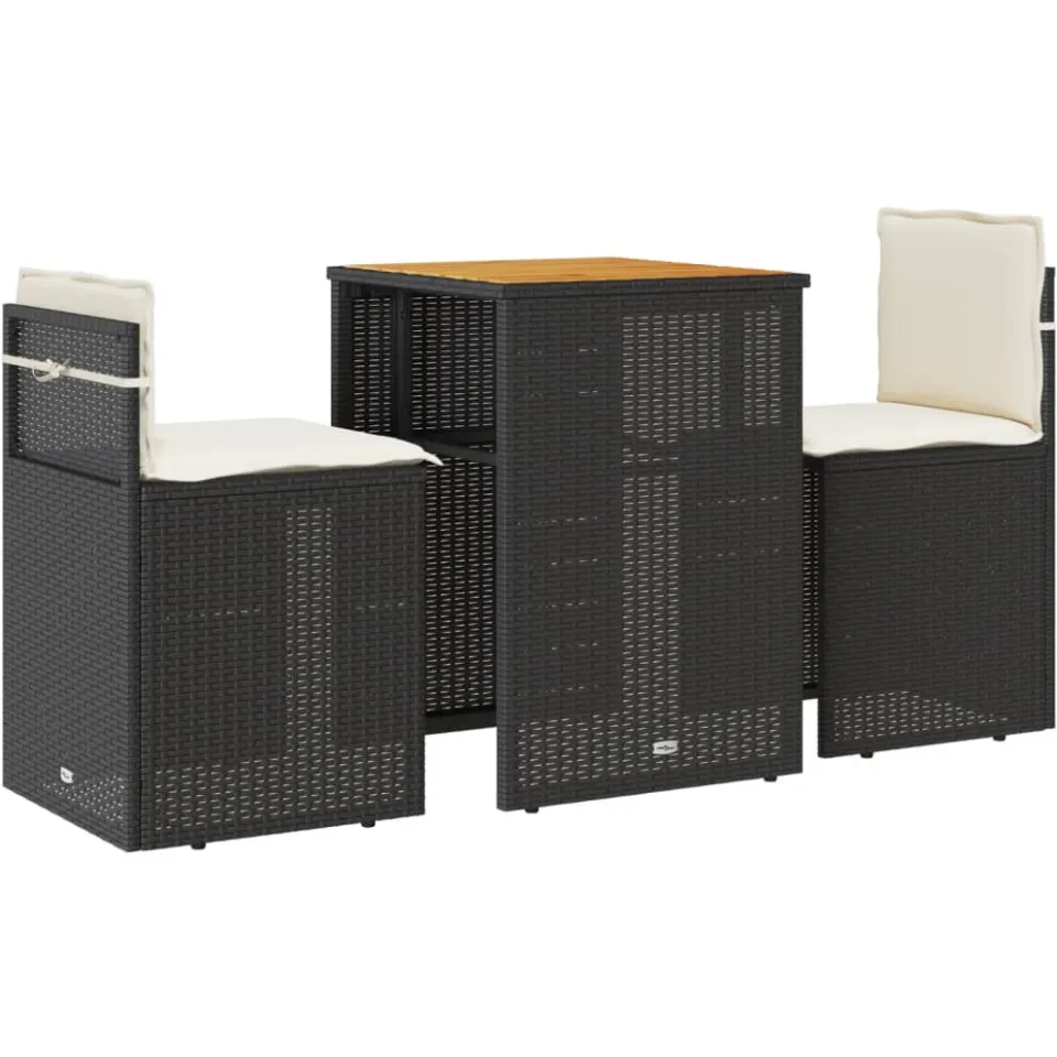 vidaXL 3-delige Bistroset met kussens poly rattan zwart, foto 3
