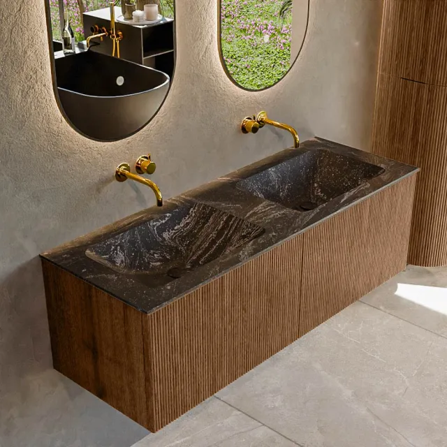 Mondiaz KURVE-DLUX 130 cm Onderkast Greeploos 2 Lades Zonder Deuren Walnut, Wastafel Solid Surface Dubbel Lava 0 Kraangaten Zonder Spiegel (KRVLEA1302L0D0KD-Wal/Lav)