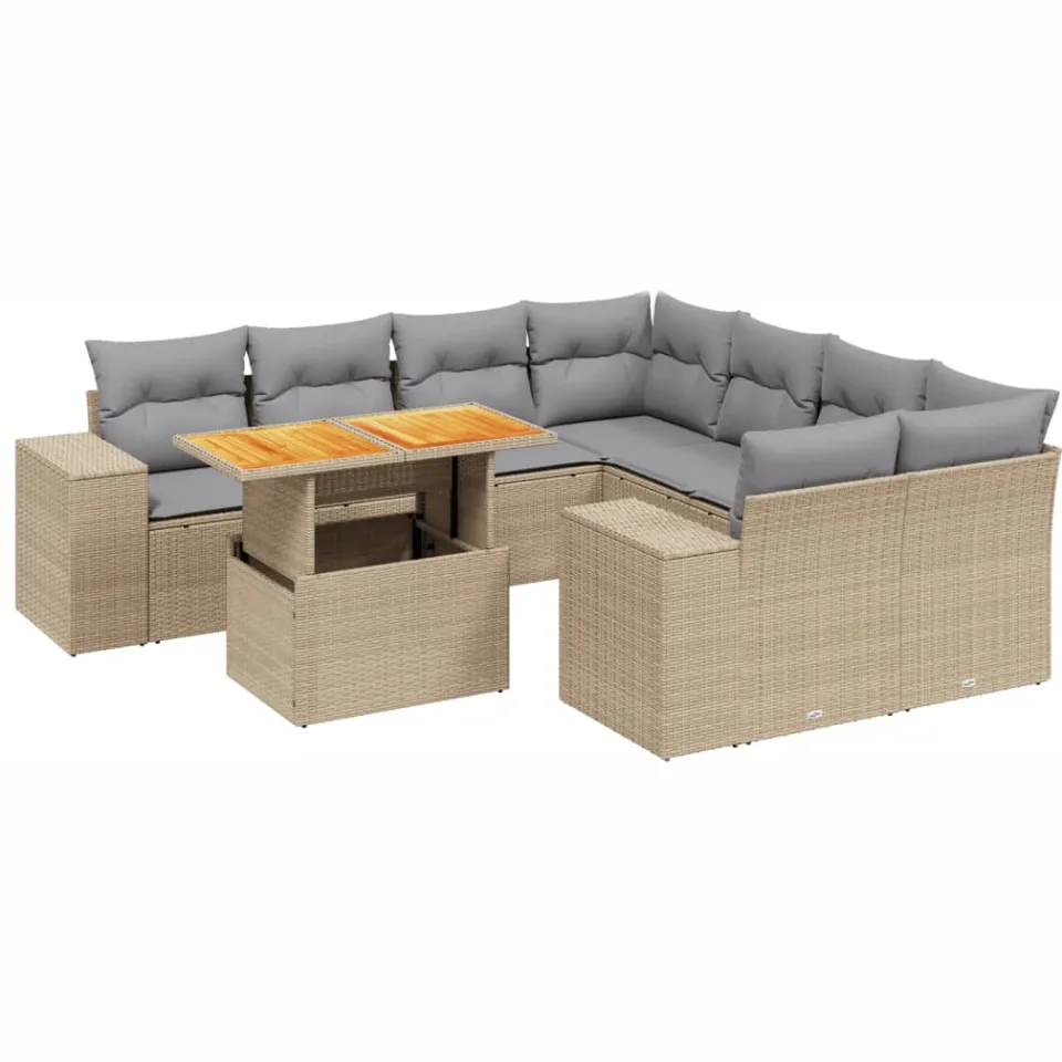 vidaXL 9-delige Loungeset met kussens poly rattan beige, foto 3