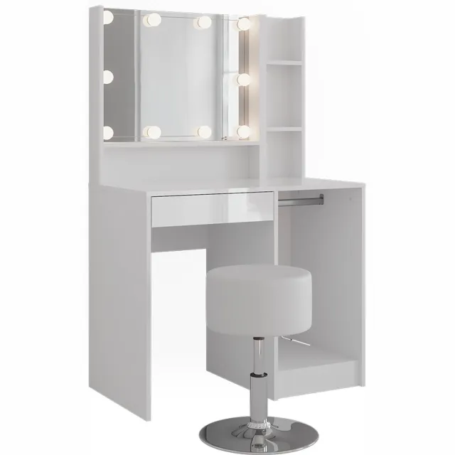 Vicco Kaptafel set met kruk Sherry, Wit/Wit Hoogglans, 89.8 cm met spiegel en kruk