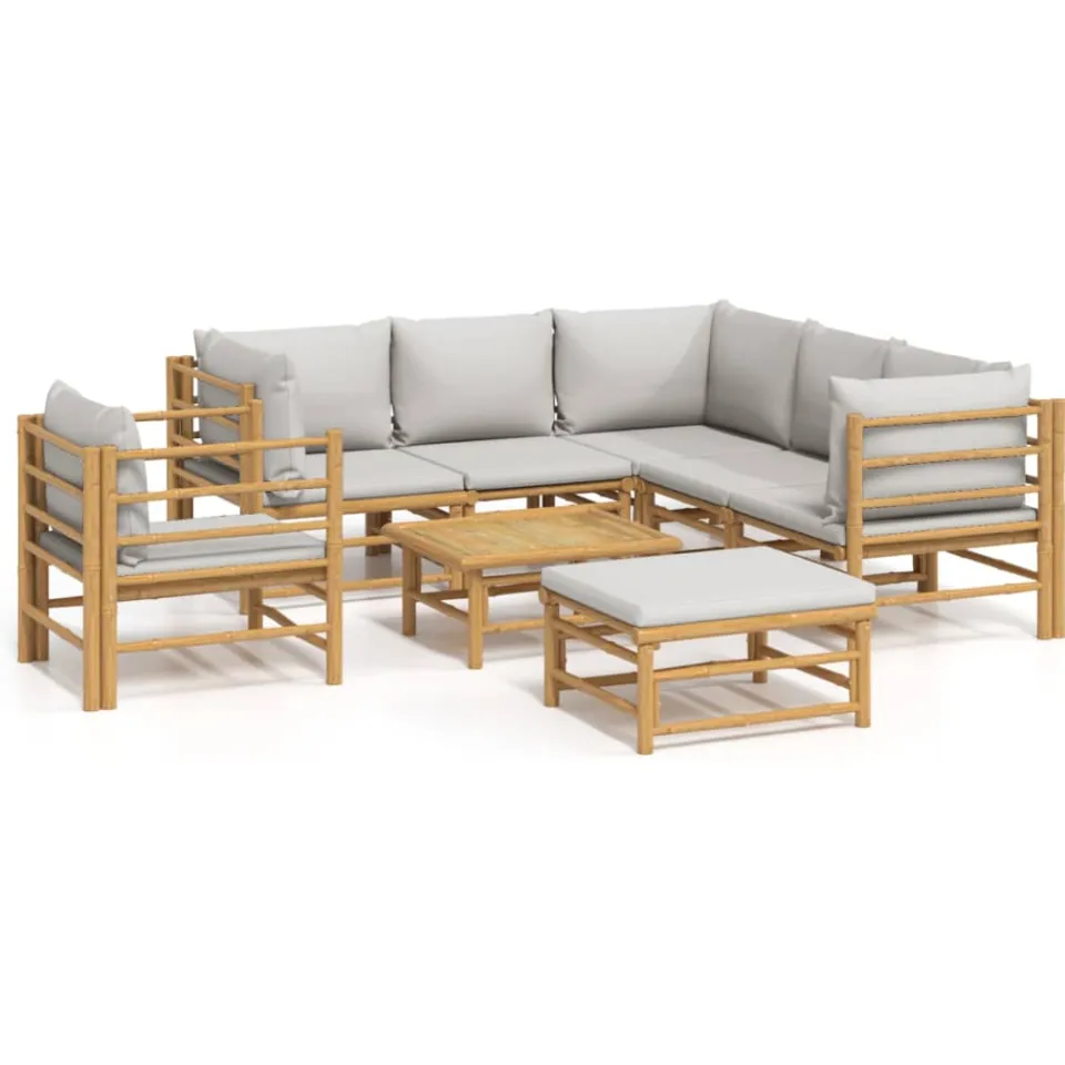 vidaXL 8-delige Loungeset met kussens bamboe lichtgrijs Bruin