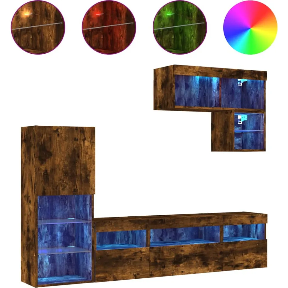 vidaXL 6-delige tv-wandmeubelset met LED bewerkt hout gerookt eiken, foto 4