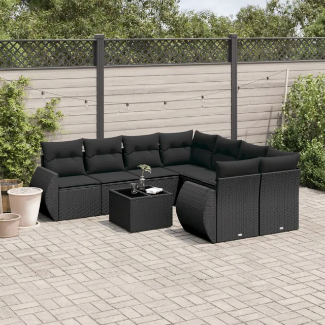 vidaXL 9-delige Loungeset met kussens poly rattan zwart, foto 2