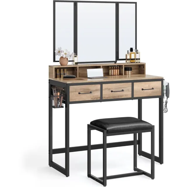 Vasagle Make-uptafel met 3 Spiegels & Kruk - Industriële Kaptafel - Bruin/Zwart
