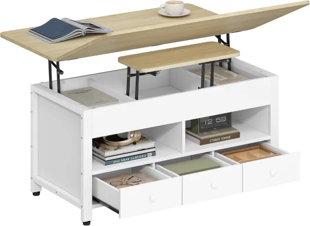 HILINSIE In hoogte verstelbare salontafel, om te bouwen tot eettafel, eikenlook, woonkamertafel met 3 lades en 2 vakken, 50 × 100 × 45 cm, voor woonkamer en thuiskantoor Natuurlijk eiken en wit