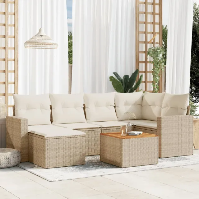 vidaXL 7-delige Loungeset met kussens poly rattan beige, foto 2
