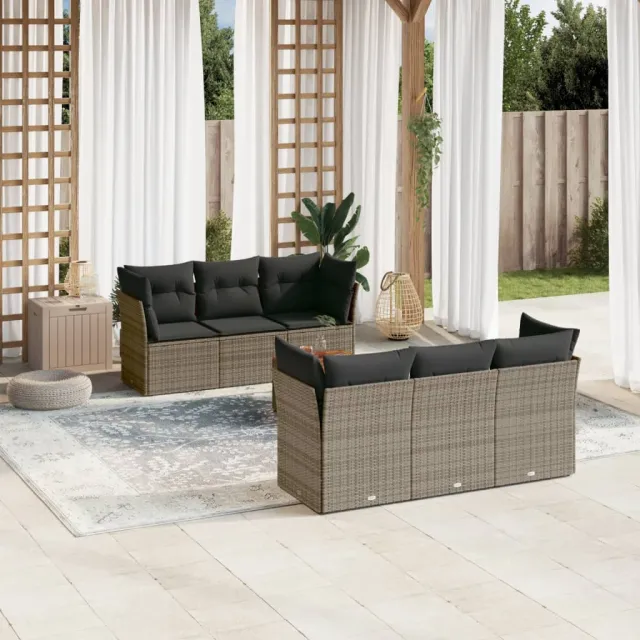 vidaXL 7-delige Loungeset met kussens poly rattan grijs, foto 2