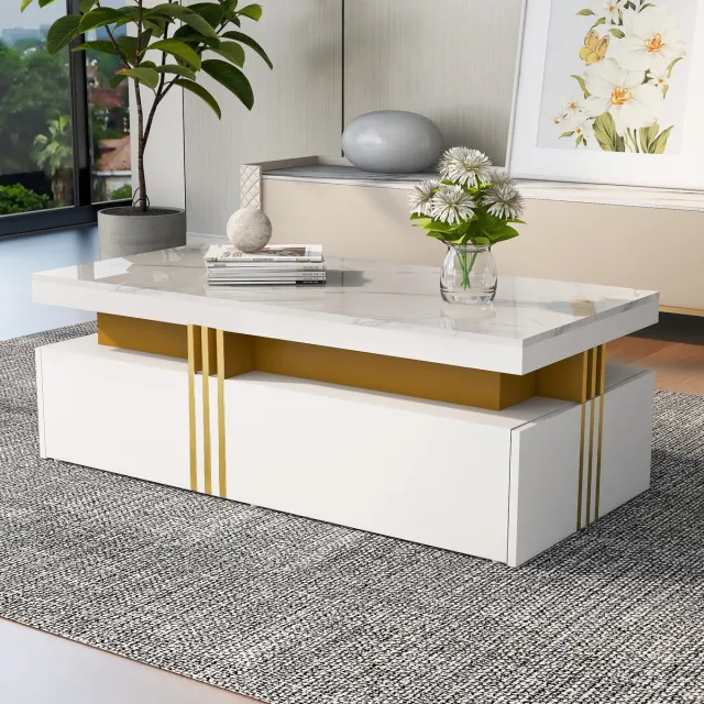 OKWISH Salontafel 100x50x40cm - Woonkamer Tafel met 2 Laden - Modern en Ruim - Voor Dagelijks Gebruik - Hout - Wit met Marmeren Tafelblad