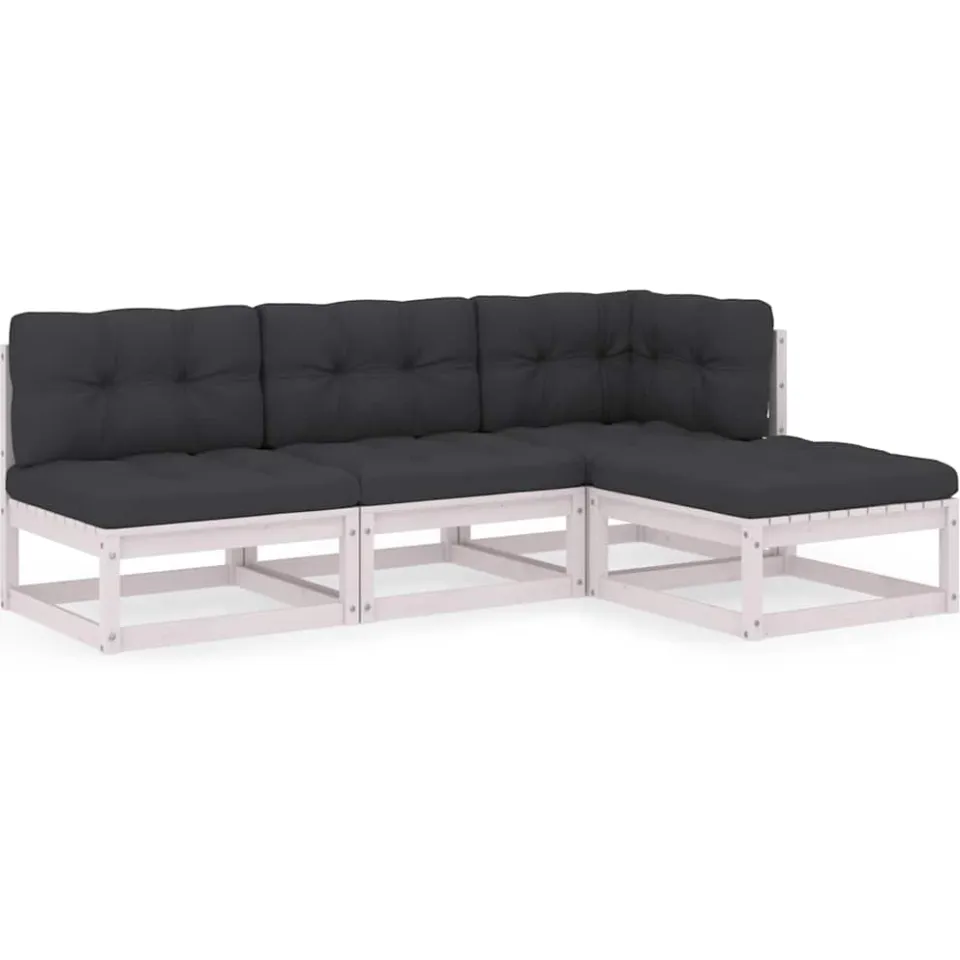 vidaXL 4-delige Loungeset met kussens massief grenenhout wit, foto 3