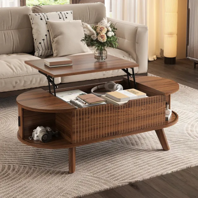 STILVORA Salontafel - Ovaal Hoogteverstelbaar Met Verborgen Opbergruimte - Voor Woonkamer - MDF - 110x50x53,5 Cm - Walnoot Walnootkleurig