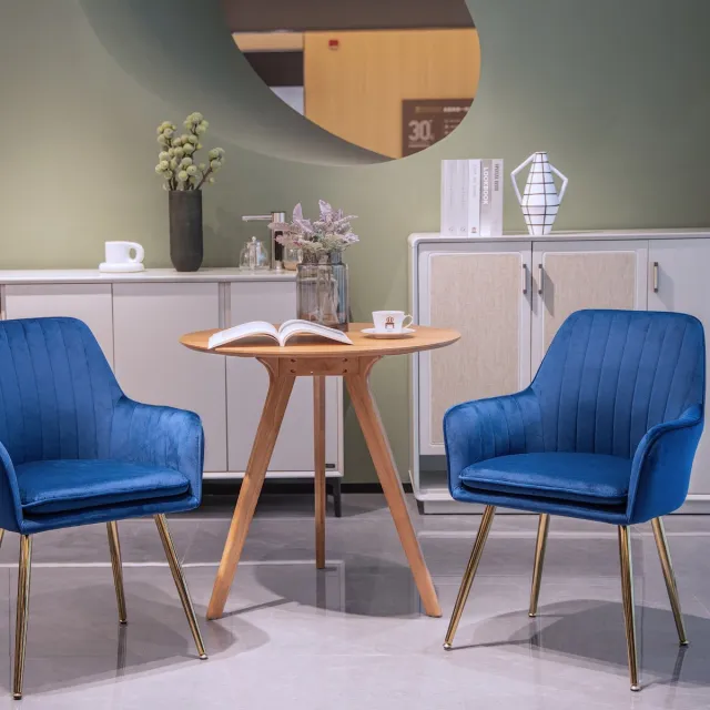 Wishdor Eetkamerstoelen Set Van 2 - Gestoffeerde Stoel Met Armleuningen - Moderne Stijl - Gouden Metalen Poten - Blauw