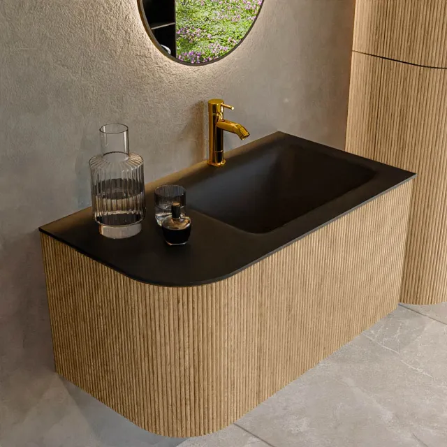 Mondiaz KURVE 85 cm Onderkast Greeploos 1 Lade Met Deuren Oak, Wastafel Solid Surface Rechts Urban 1 Kraangat Zonder Spiegel (KRVCLO85L1L1D1KR-Oak/Urb)