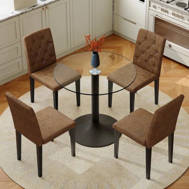 STILVORA Set Tafel En Stoelen Rond Glas 85 Cm - 1 Tafel 4 Stoelen Met Zwart Metalen Onderstel - Voor Eetkamer En Café - Kunststof Metaal Glas - Bruin Zwart Transparant Bruin+Zwart, Transparant