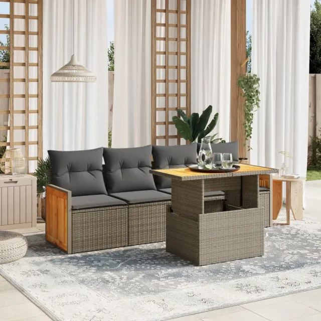 vidaXL 5-delige Loungeset met kussens poly rattan grijs, foto 2