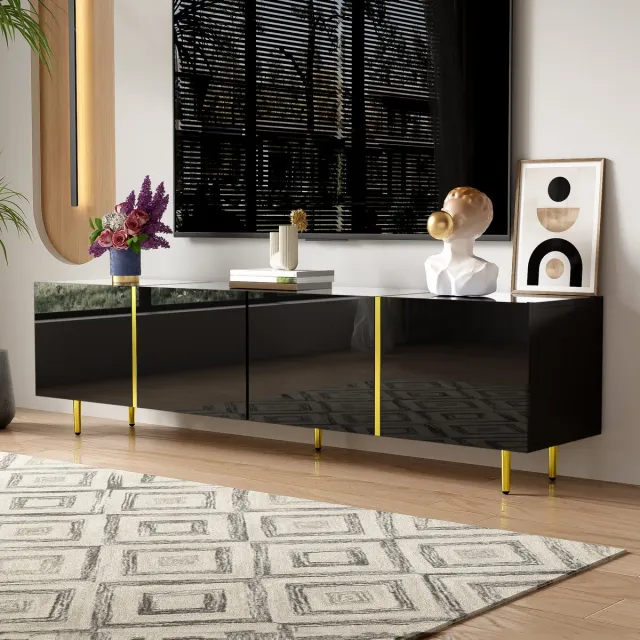 OKWISH TV-Kast – Modern – 4 Deuren – Zwarte Hoogglans Met Gouden Accenten – Soft-Close Scharnieren – MDF Zwart – 170x35x46 cm – Geschikt Voor 55-75 Inch TV