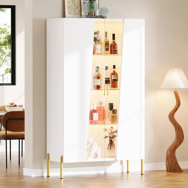 Clruro Vitrinekast - 72×40×145 cm - LED - Asymmetrische Glazen Deur - 3 Glasplanken - MDF/Glas Wit