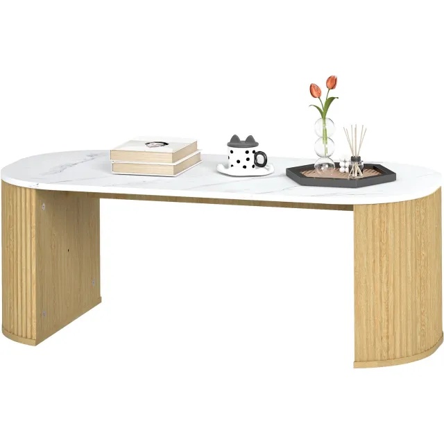 Lunpog Ovale salontafel - bijzettafel met marmerlook - afgeronde hoeken - dikke poten - 110 x 50 x 40 cm - wit Natuurlijke houtkleur