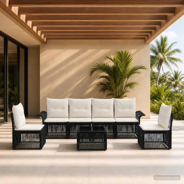 vidaXL Tuinbankenset 7 st 6-zits Zwart poly rattan, foto 2