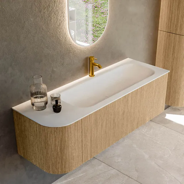 Mondiaz KURVE 135 cm Onderkast Greeploos 1 Lade Met Deuren Oak, Wastafel Solid Surface Rechts Talc 1 Kraangat Zonder Spiegel (KRVBGM135L1L1D1KR-Oak/Tal)
