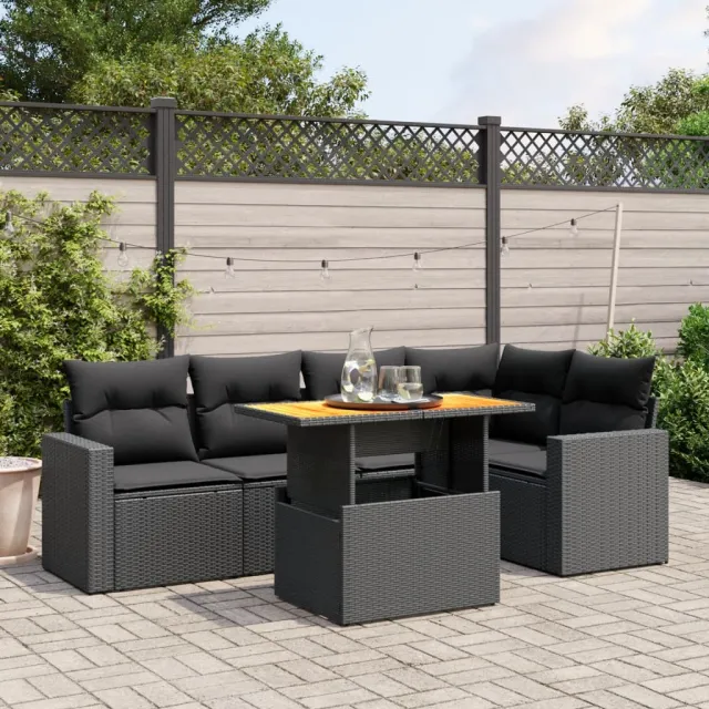 vidaXL 6-delige Loungeset met kussens poly rattan zwart, foto 2