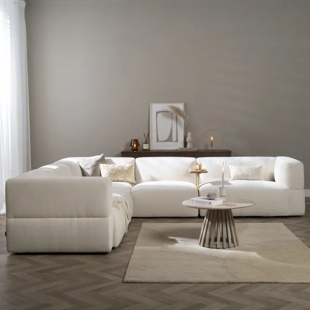 Livin24 Bronx71® Scandinavische hoekbank Karla chenille off white 6-zits Wit