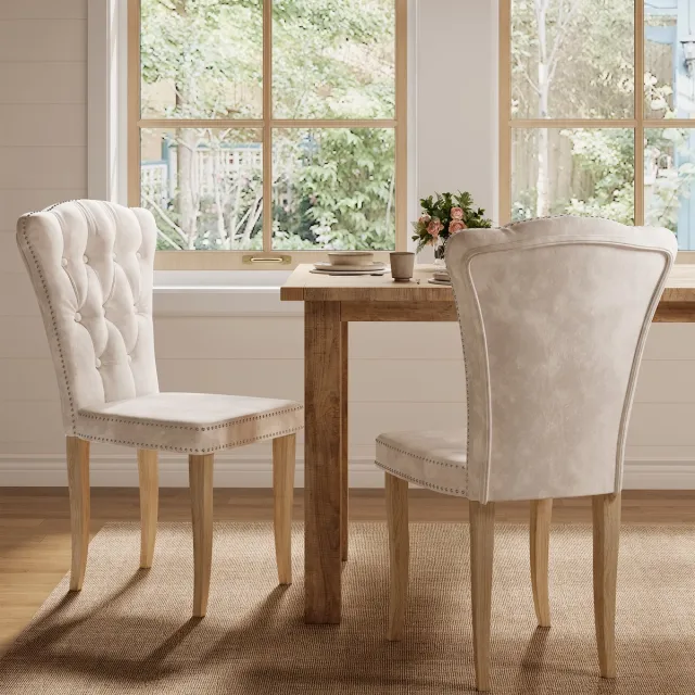 MEXUS Set van 2 Eetkamerstoelen, gestoffeerde stoelen voor keuken/woonkamer, zonder armleuningen, gecapitonneerde rugleuning, accentstoelen met houten poten (flanel Beige)