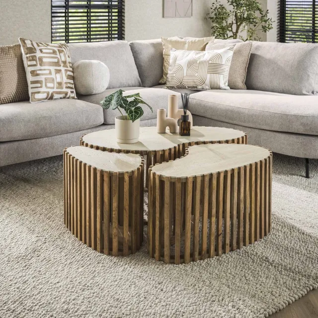 Dimehouse Vento niervormige salontafel set van 3 travertin massief mango zand - 90 x 52 x 40 cm - Keramiek - Japandi - Rond Travertinlook