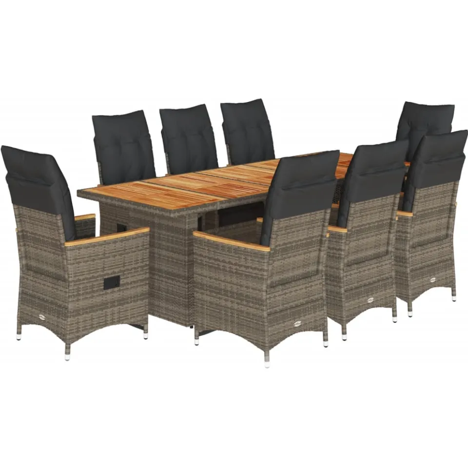 vidaXL 9-delige Bistroset met kussens poly rattan grijs, foto 3