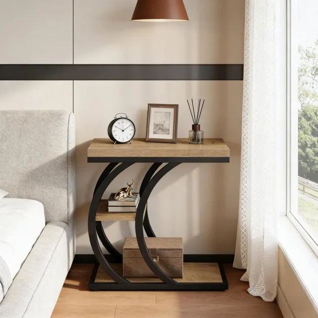 MEUNIQ Bijzettafel 60 x 30 x 58 cm met 3 legplanken, C-vormig metalen frame en verstelbare voetjes voor woonkamer en slaapkamer, zwart/bruin