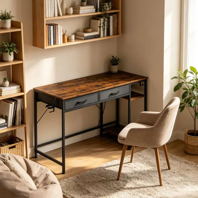FloraGrace Bureau 120 x 51 x 75 cm – Met 2 Stoffen Laden, Laadstation, Koptelefoonhouder En Bekhouder – Voor Kantoor, Studie En Gaming – Hout En Metaal – Rustiek Bruin Rustic Brown