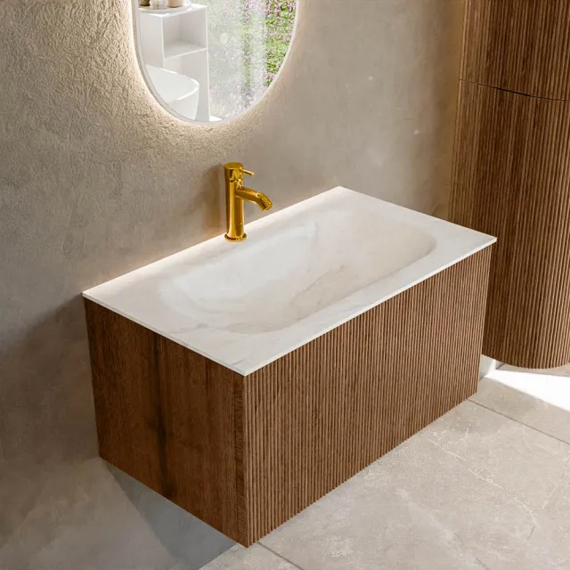 Mondiaz KURVE-DLUX 80 cm Onderkast Greeploos 1 Lade Zonder Deuren Walnut, Wastafel Solid Surface Volledig Ostra 1 Kraangat Zonder Spiegel (KRVBGS801L0D1KM-Wal/Ost)