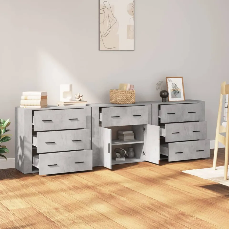vidaXL Dressoirs 3 st bewerkt hout betongrijs grijs, foto 3