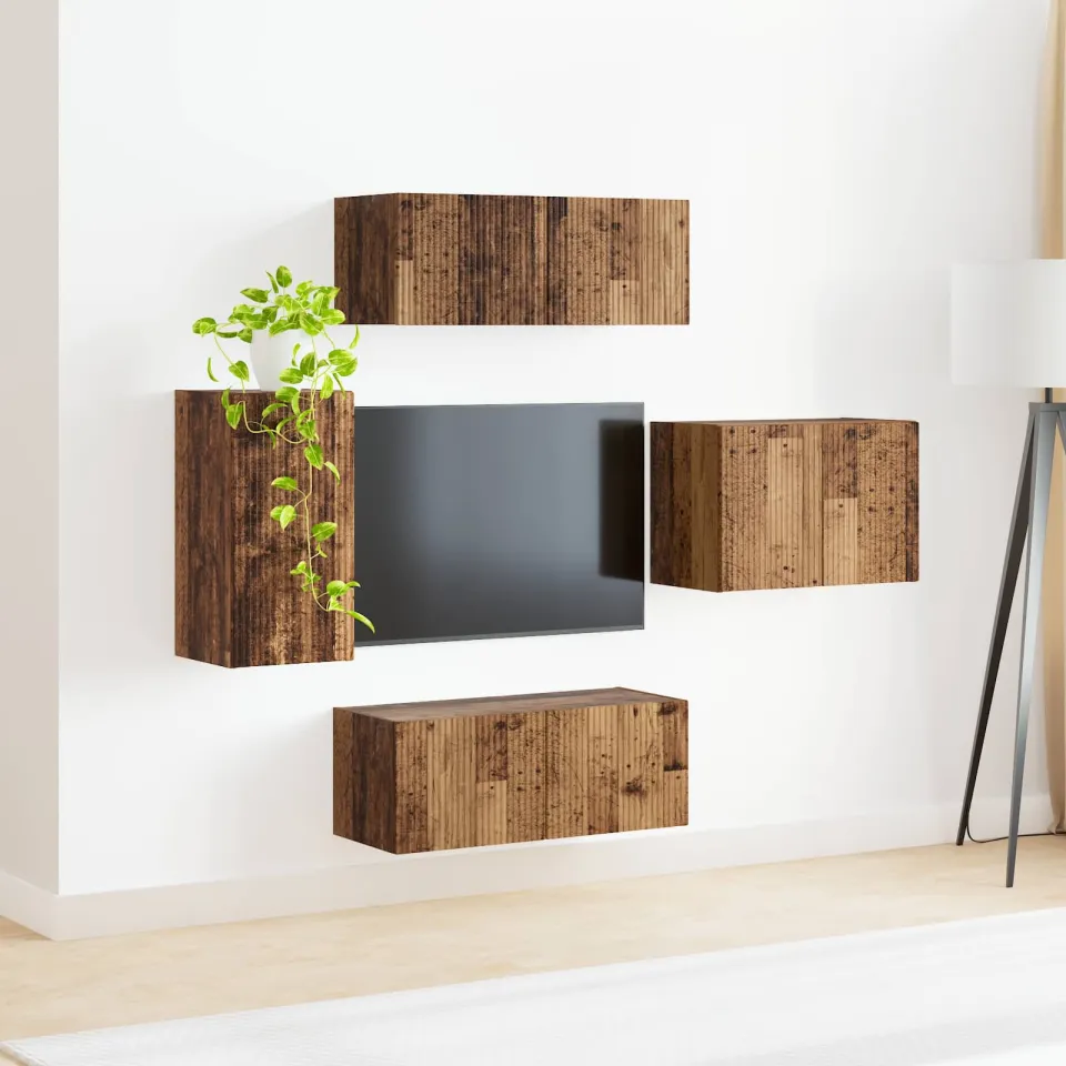 vidaXL TV Wandkast Set 4 st Oudhout Bewerkt hout bruin, foto 3