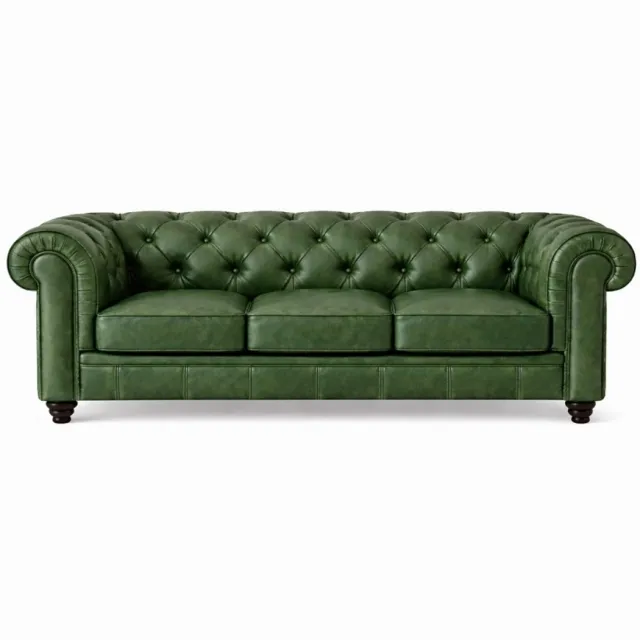 Meubeldistrict Chesterfield Bank - 3 Zits - Groen - Vintage - Leer - Sofa