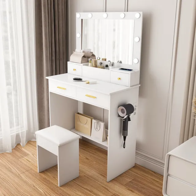 Wishdor Schminktafel - Met 3-kleurige LED-verlichting - Met geïntegreerd stopcontact en fönhouder - wit