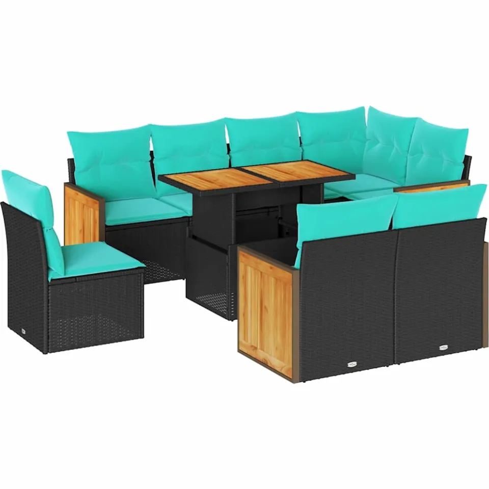 vidaXL 9-delige Loungeset met kussens poly rattan acacia zwart