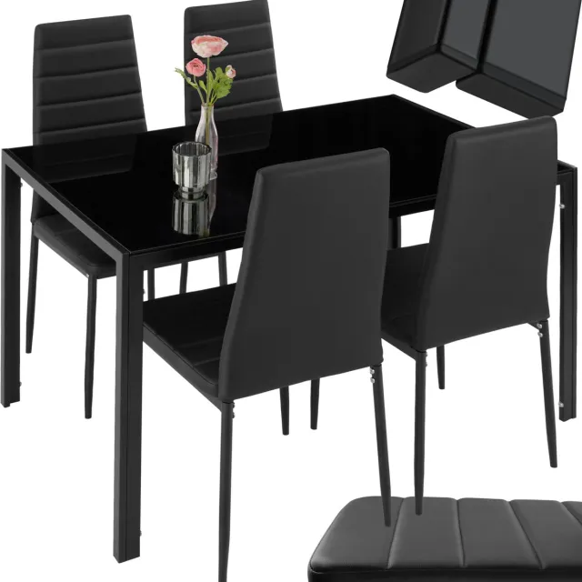 Tectake Eetkamerset met 4 Eetkamerstoelen - Eettafel met glazen blad - 120 x 70 x 75 cm - Eethoek set Tafel en Stoelen - Set van 4 Stoelen met kunstleer - Zwart