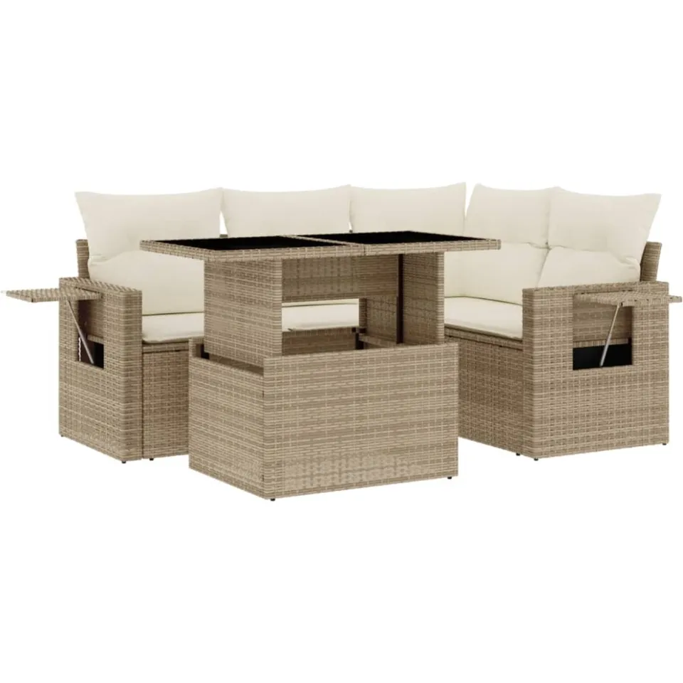 vidaXL 5-delige Loungeset met kussens poly rattan beige, foto 3