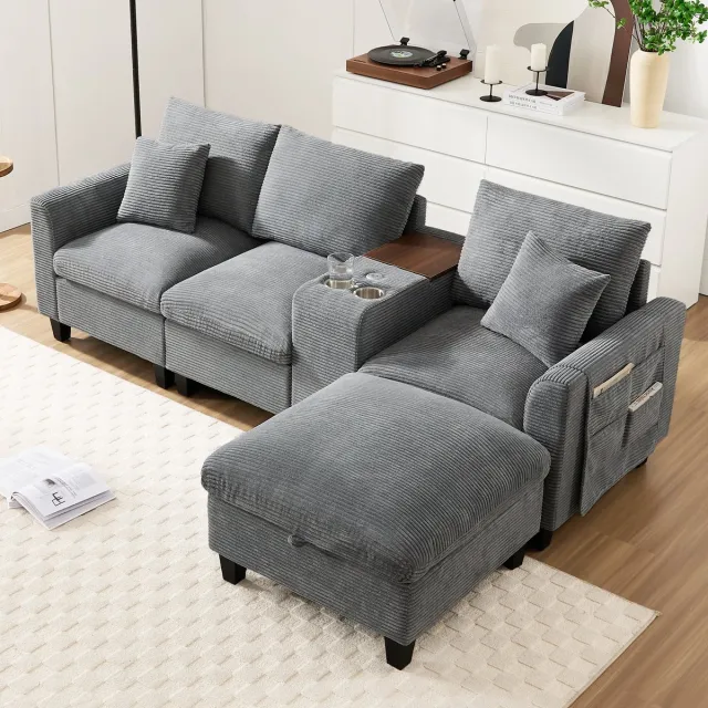 Zubaliya Woonkamer Hoekbank, L-Bank, 3-Zits Bank, Moderne L-Vormige Hoekbank, Omvormbare Bank Met Console, 2 Bekerhouders, USB Oplaadpoorten, Armleuning Opbergtas En Kussens, Corduroy Stof Grijs