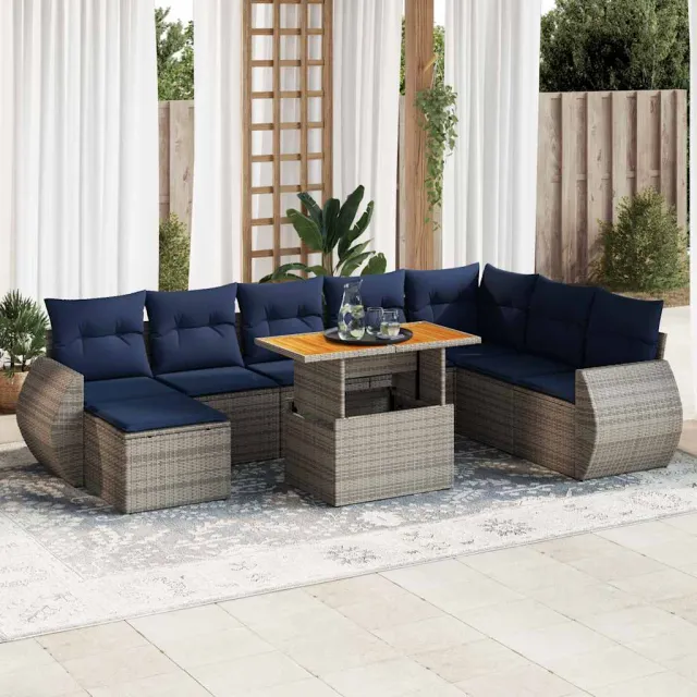 vidaXL 9-delige Loungeset met kussens poly rattan grijs, foto 2
