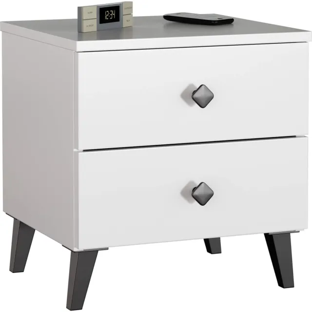 Akord Nachtkastje MOBI met 2 Lades / AKORD Furniture Factory / Wit met Zwarte Handgrepen / 40 x 43 x 37 cm