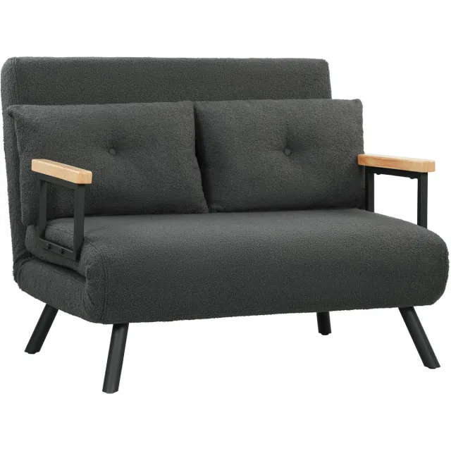 Homona Slaapbank - Met 5 standen verstelbare rugleuning en 2 kussens - Met houten armleuningen - Fleece-optiek - 102 x 73 x 81 cm - Donkergrijs
