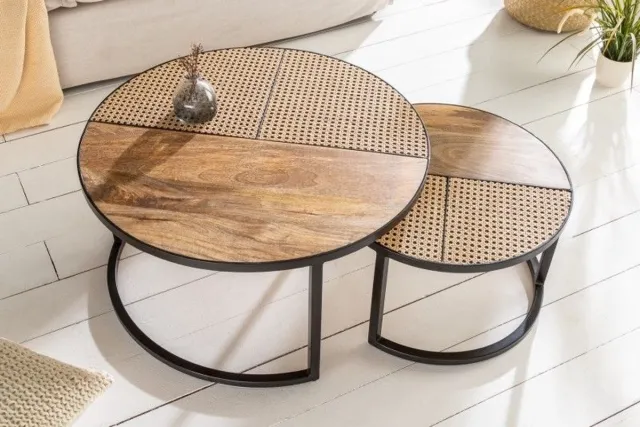 Invicta Interior Set van 2 salontafels VIENNA LOUNGE 70cm rond massief mangohout Weens rieten metalen frame zwart - 40135 Zie omschrijving